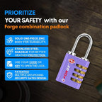 Forge Dual-Opening: Key or Combination Access Lock, TSA Approved Locks for Luggage, Pelican case, Travel, Gym, School, Stainless Steel Shackle. (Purple, 2 Pk)