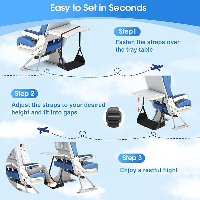ExploreBliss Airplane Foot Rest - Lightweight Foot Hammock for Plane Travel with Adjustable Strap & Thick Board, Tray Table Under Desk Footrest to Relax Feet, Travel Essentials for Long Flights(Black)
