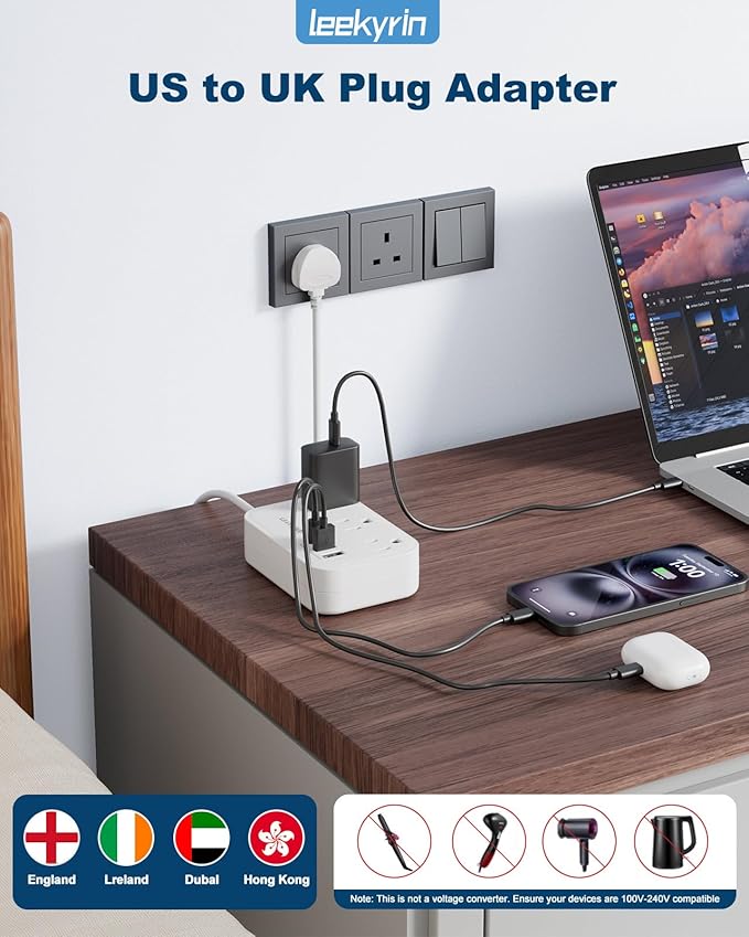 10FT Extension Cord with UK Plug Adapter, US to UK Plug Adapter with 3 Outlets 3 USB Charging Ports (USB-C), Type G Travel Adapter for USA to Scotland British London England Irish Dubai