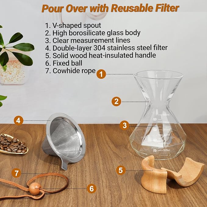 Coffee Pour Over 27.1oz 800ml High Borosilicate Glass Pour Over Coffee Maker Set Camping with Reusable 304 Stainless Steel Filter Hand Brew Carafe Drip Suitable for Electric Ceramic Stove