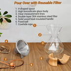Coffee Pour Over 27.1oz 800ml High Borosilicate Glass Pour Over Coffee Maker Set Camping with Reusable 304 Stainless Steel Filter Hand Brew Carafe Drip Suitable for Electric Ceramic Stove