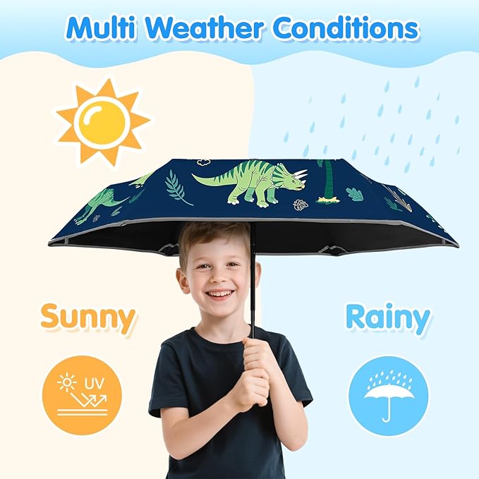 Kids Folding Umbrella Auto Open/Close Umbrellas for Rain Round Corner Safe Design UV Resistant Automatic Children Travel Umbrellas Reinforced Canopy 360° Reflective Strip Lightweight for Girls & Boys