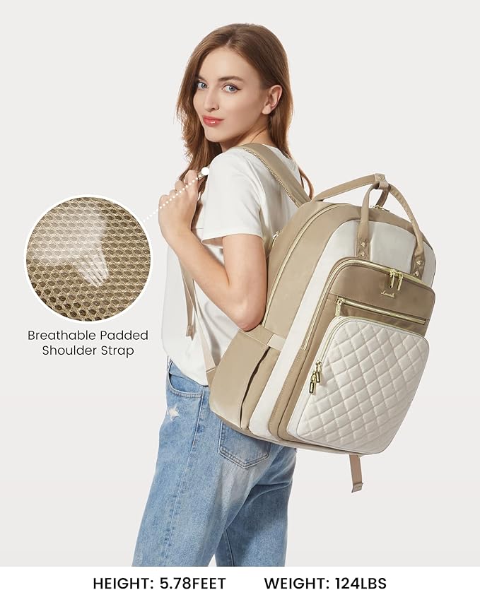 LOVEVOOK Laptop Backpack Purse for Women, 17" Laptop Bag with USB Port, Water Resistant Lightweight Daypacks for College Travel Work Business, Nurse Teacher Computer Bags, Khaki Beige