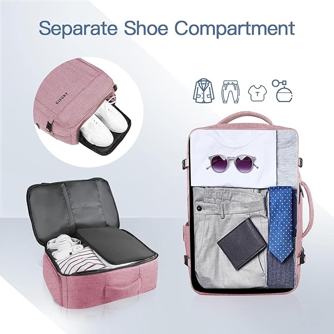 Gieury Carry On Backpack for Women, 50L Travel Backpack Flight Approved, Expandable Backpack For Airplanes, 17 Inch Laptop Backpack, Luggage Suitcase Daypack Lightweight Business Weekender Bag, Pink