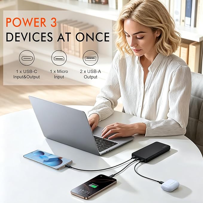 Miady 2-Pack 22.5W 10000mAh Portable Charger, USB C Fast Charging Power Bank 3 Outputs 2 Inputs Travel Essential Battery Pack Compatible with iPhone 17/16/15/14, Galaxy S24/22, iPad, Android, Tablets