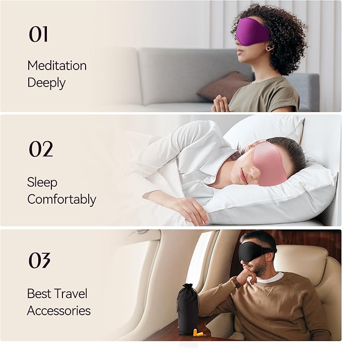 Sleep Mask for Lash Extensions - Blackout Eye Cover, 3D Contoured Sleeping Mask for Side Sleeper, Soft Memory Foam, Eye Masks for Travel, Airplane, Night(Cloud Black, Cloud Purple)
