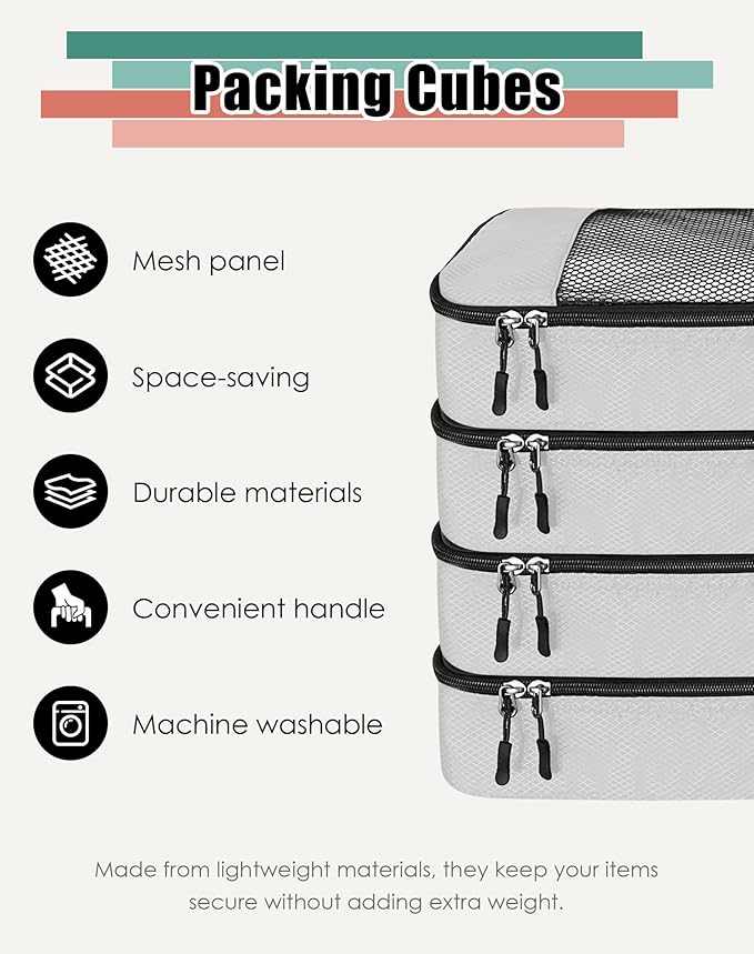 WTREE 4-Piece Packing Cubes Travel Accessories Set for Suitcases - Luggage Organizer Bags with Double Zipper - Mesh Top - Medium - Beige