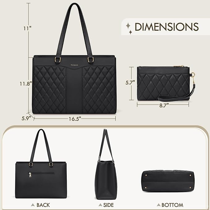 RAINSMORE Laptop Bag for Women 15.6 Inch Work Tote Bags Leather Laptop Tote Professional Laptop Purse Computer Handbag Womens Briefcase Tote with Clutch for Teacher Office Travel, Black