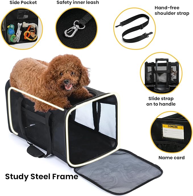 Conlun Dog Carrier Bag,Soft-Sided Pet Carriers for Dogs with 4-Sided Mesh, Cat Transport for Large Cats Small Dog Up to 20lb,Collapsible Dat Travel Carrier-L,Black