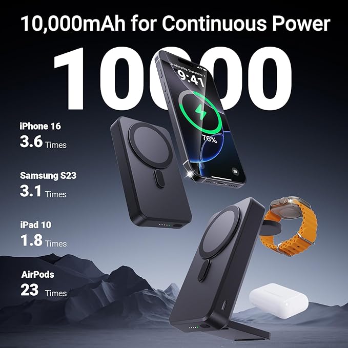 Kysson 5-in-1 Portable Charger,10000mAh Foldable Power Bank Fast Charging,MagSafe Charger Battery Pack Magnetic,Travel Wireless Charging Station for iPhone 17/16/15/14/13/12,iWatch,Air pods,MatteBlack