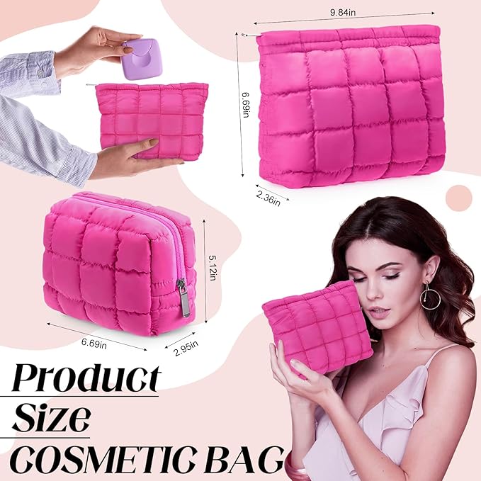 Huhumy 2 Pcs Puffy Makeup Bag Quilted Cosmetic Pouch for Women Cute Checkered Travel Toiletry Bag Puffer Makeup Organizer Purse Pouch Preppy Pencil Case with Zipper(Hot Pink)