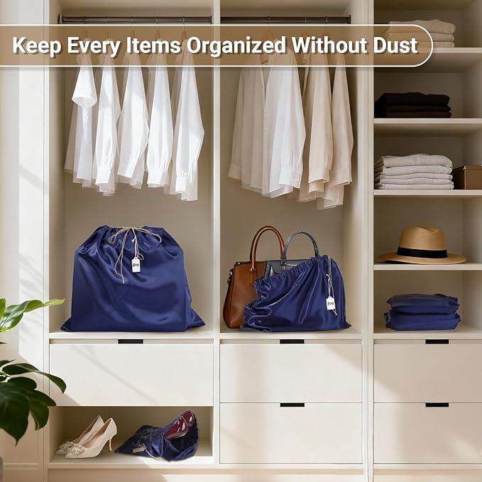Ewen 12 Pack Dustbags with Drawstring in Small Medium Large, Dustproof Satin Storage Pouch with Blank Tags for Travel Essentials Packing, Dark Blue Silk Bag for Closet Storage Shoes Purse Organization