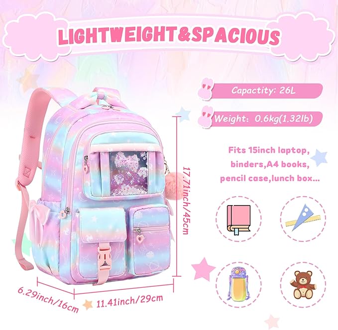 PIG PIG GIRL Kids Backpack for Girls - School Bags for Middle School Students - Book Bag for Elementary Primary - Kawaii Ita Backpack - Pink Planet