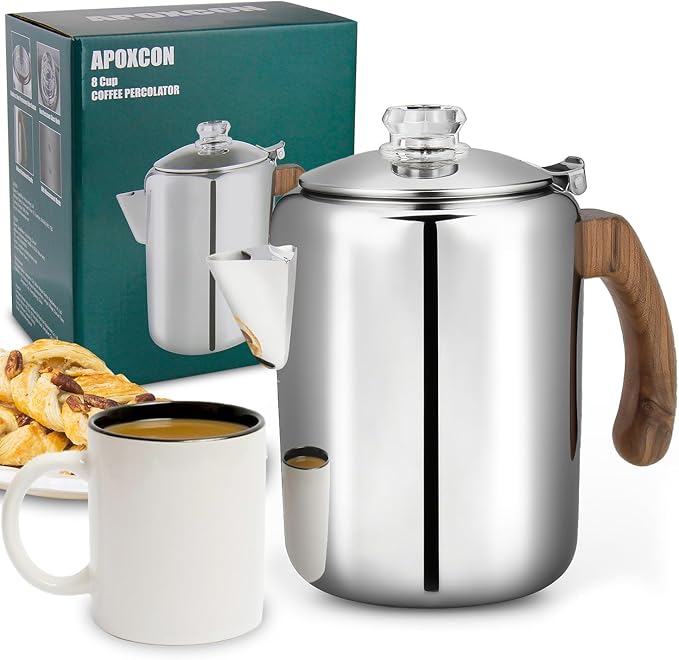 APOXCON Coffee Percolator Pot Stainless Steel Coffee Maker with Tough Glass Knob & Fireproof Solid Wood Handle & Drip-Free Spout Camping Coffee Pot Using on any Stovetop NO Aluminum NO Plastic (8 Cup)
