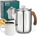 APOXCON Coffee Percolator Pot Stainless Steel Coffee Maker with Tough Glass Knob & Fireproof Solid Wood Handle & Drip-Free Spout Camping Coffee Pot Using on any Stovetop NO Aluminum NO Plastic (8 Cup)