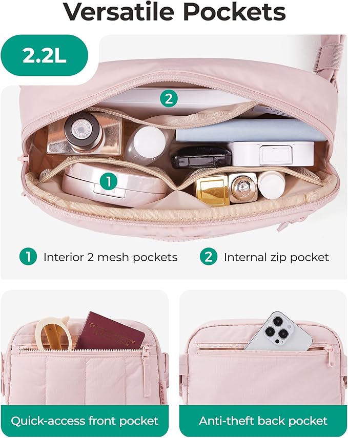 BAGSMART Fanny Packs for Women Cross Body, Quilted Puffy Belt Bag with Pockets, Fashion Waist Packs for Traveling Hiking Purple