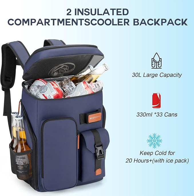 BAGPARKK Insulated Cooler Backpack,33/45 Cans Multifunctional Double Deck Leakproof Cooler Bag with Sternum Strap,Large Capacity Lightweight Travel Camping Beach Backpack