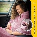 Travel Blanket Airplane Compact with Hoodie – 2in1 Airplane Travel Accessories from Plane Blanket to Travel Pillow with Luggage Strap, Soft Handle & Secure Pocket (Light Pink, 62x41'')