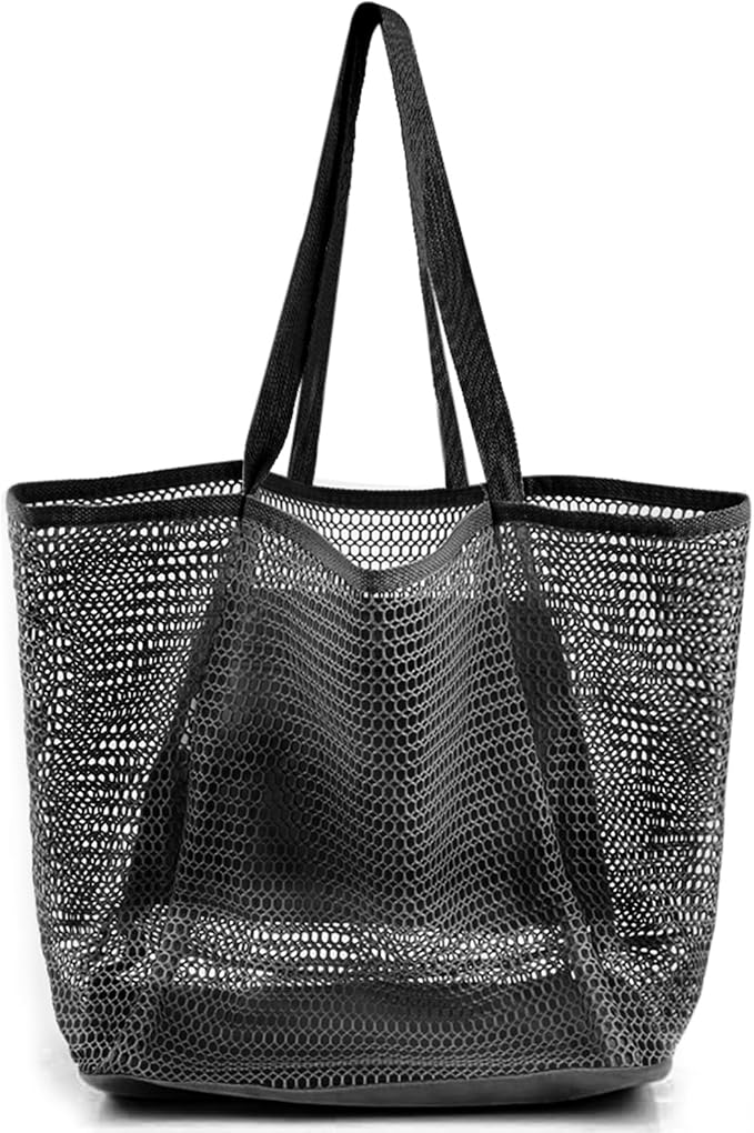 HOHOM Beach Bags for Women, Summer Travel Mesh Tote Bag with Large Inner Pocket, Sandproof Woven Shoulder Handbag