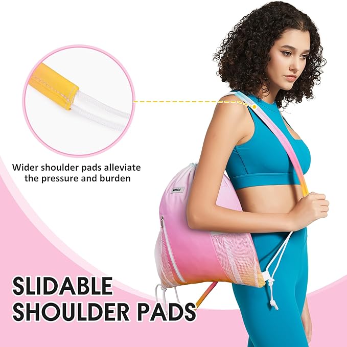 WANDF Drawstring Backpack with Shoulder Pad Sports Gym Backpack with Mesh Pocket String Bag for Women Men((Rainbow)