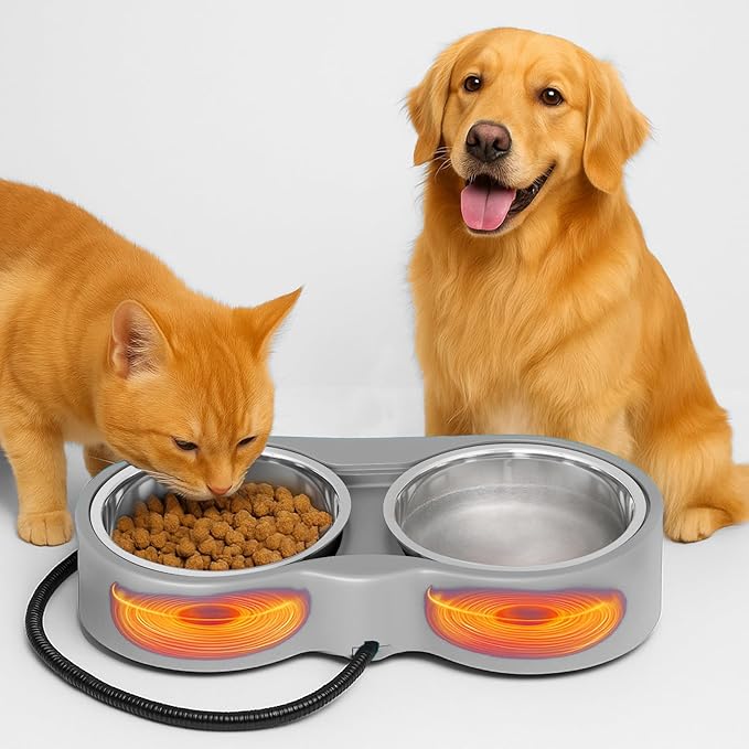 Pet Heated Bowl for Cat Dog, Freeze-Proof Warming Animal Food Feeder with Anti-Chew Cord,Waterproof & Thermostat Heating Bowls Removeable, (2 x 23 fl oz, Grey)