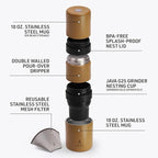 VSSL - Nest Pour Over Coffee Kit | Coffee Maker for Camping | All-In-One Travel Pour Over | Transportable Dripper, Two 10oz Stainless Steel Travel Mugs | Compact Storage & Adventure Ready | Sahara