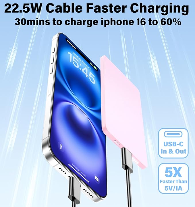 5000mAh for Magsafe Battery Pack Mini 22.5W Wireless Power Bank Fast Charging USB C in Out Power Pack, Magnetic Portable Charger Slim Powerbank for iPhone 17 16 15 14 13 Plus/ Pro/ Pro Max Rose Gold