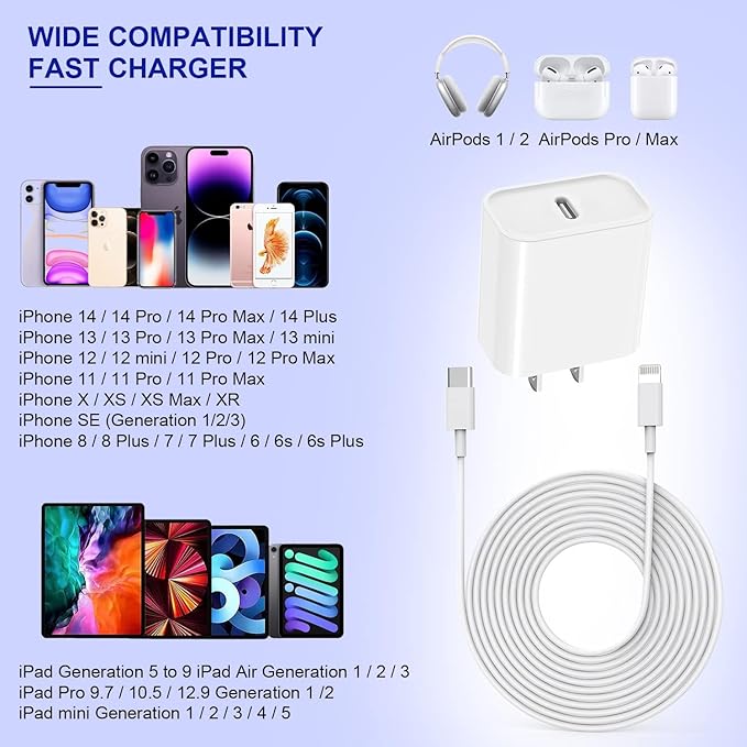10FT iPhone Fast Charger,3Pack Extra Long[Apple MFi Certified]iPhone Charger Fast Charging Quick 10Foot USB C to Lightning Cable Cord Adapter Block for iPhone 14 Pro Max/14 Plus/13/12Mini/11/XS/X/iPad
