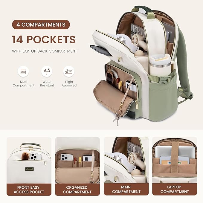 LOVEVOOK Laptop Backpack for Women with Pouch Pocket for Large Capacity Cup,17 Inch Laptop Computer Bag Travel Backpack Purse,Waterproof Work College Teacher Bags,White-Bean Green-Dark Olive Green