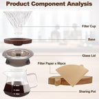 Pour Over Coffee Maker 13.5oz Portable Glass Coffee Maker High Borosilicate Glass Eagle Beak Spout Design with 50 Pcs Filter Paper Walnut Wood Base for Pour Over for Daily Brewing 400ml