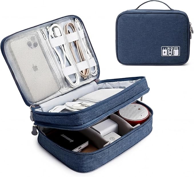 Lanola Travel Cable Organizer Bag, Electronic Accessories Case Portable Double Layer Cable Storage Bag for Cord,phone,Charger, Flash Drive, Phone, SD Card,Personal Items - (Dark Blue)