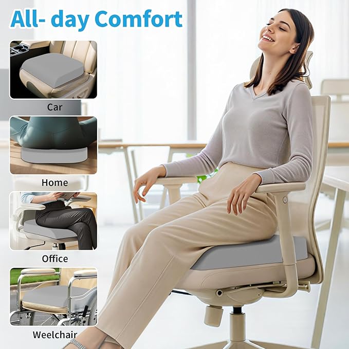 TranquilRelax XLarge Seat Cushion, Memory Foam Cushion for Long Sitting Hours on Office Chair, Home & Car, Non-Slip Chair Pad for Relieving Back & Sciatica & Hip & Coccyx Pain (Light Grey)