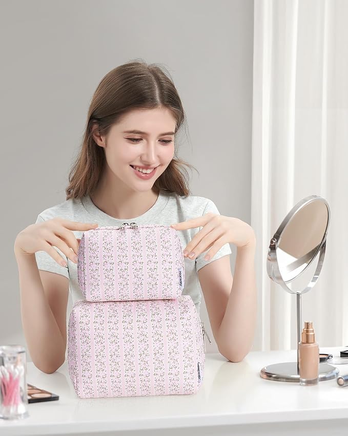 Narwey Cute Floral Makeup Bag Travel Cosmetic Bag Organizer Toiletry Bag Make Up Bags with Compartments for Women Girls (Pink Flower Buds, Large)