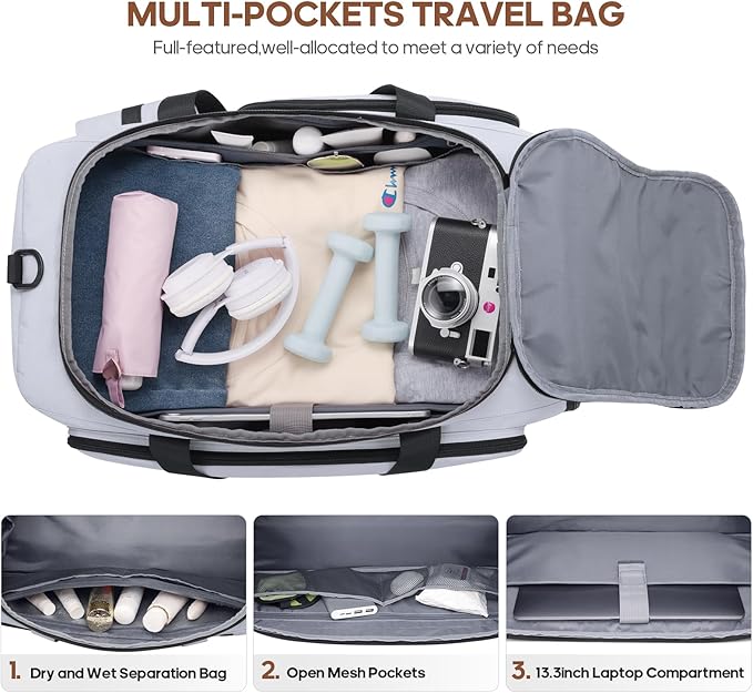 Gym Bag for Men and Women with Shoe & Laptop Compartment, 3-in-1 Sports Travel Duffel Bag Anti-Theft Weekender Carry-on Backpack for Airplane & Workout, Overnight Travel Bag, 35L, Light Grey, Medium