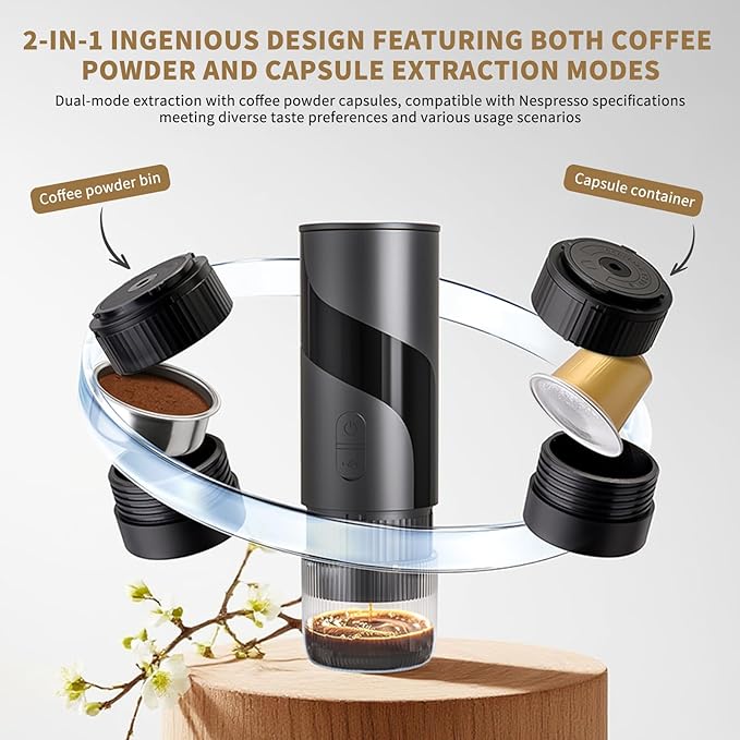 Portable Coffee Machine，Rechargeable Cafetière Portable de Voyage with USB-C, 20bar, Electric Coffee Maker for Camping & Travel, 3-in-1 Car Coffee Maker, Compatible with Coffee Grounds&Capsules