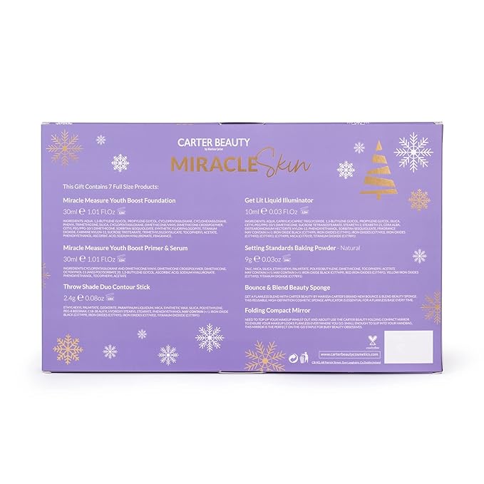 Carter Beauty Miracle Skin - Makeup For A More Radiant Effect - Perfect For An On The Go Face Look - Includes Foundation, Illuminator, Contour Stick, Setting Powder - Sticky Toffee - 7 Pc Gift Set