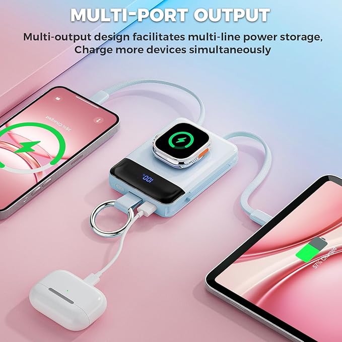 Portable Charger,5000mAh PD 20W Super Fast Charging Power Bank with Built-in Cables,Travel Keychain Battery Pack for Apple Watch Ultra/11/10/9/8/7/6/SE,iPhone 17/16/15/14/13/12 (Blue)