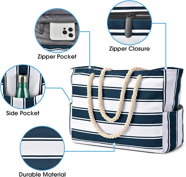 Becokan Beach Bags for Women Large Waterproof Beach Tote Bag Zipper Beach Bags Waterproof Sandproof Swim Pool Bag Large Tote