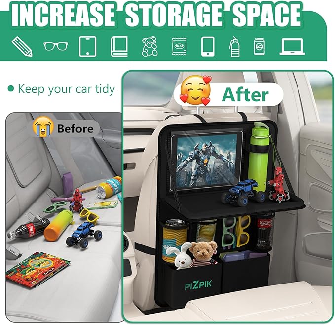 Plzpik Car Backseat Organizer with Tablet Holder,11 Storage Pockets with Foldable Food Tray, Protector Kick Mats for Kids, Travel Accessories Organizer (Black, 1Pack)