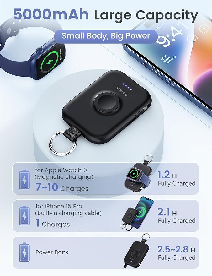 RORRY CharmGo Portable Charger, 5000mAh Portable Charger Power Bank with Built-in Cables, Travel Keychain Battery Pack for Apple Watch and iPhone Air/17/16/15/14/13/12, Black