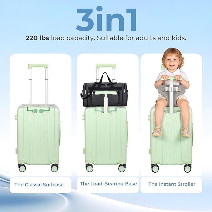 20" Ride-On Luggage with Child Seat, Hardside Carry-On Suitcase with 360° Silent Spinner Wheels, TSA Lock, & Dual Telescoping Handles for Kids & Adults & Busy Moms