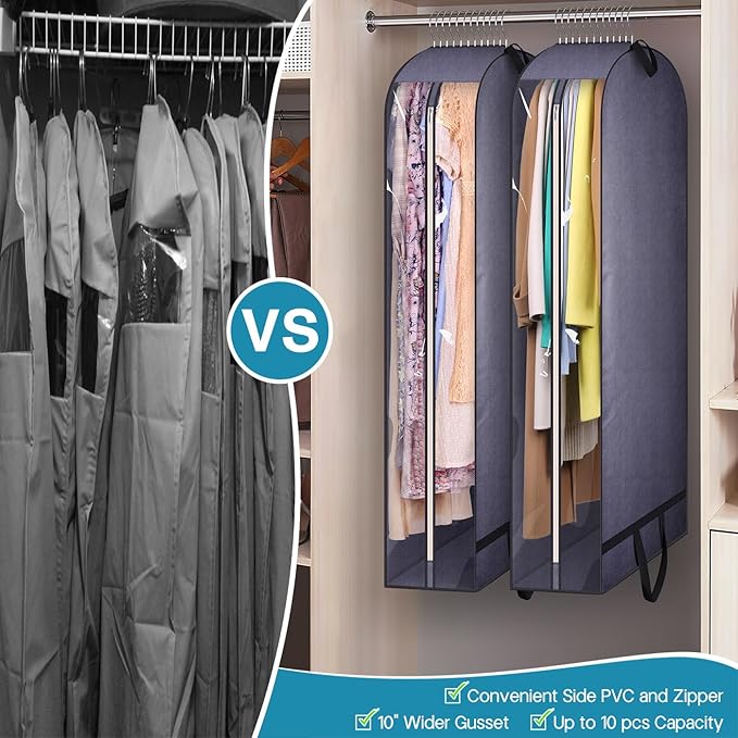 KIMBORA 10" Gusseted Clear Dress Bags for Gowns 54" Suit Bags for Closet Storage with Handles Garment Bags for Hanging Clothes Storage Garment Covers for Coats, Suits, Jackets, Dresses(2 Packs, Grey)