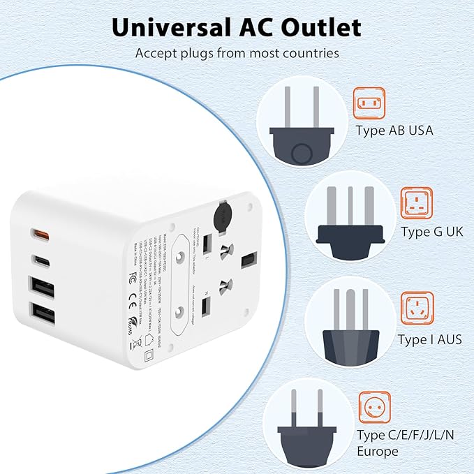 European Travel Plug Adapter, Universal Travel Adapter with PD Fast Charging, 5-Port (1 AC/2 USB-A/2 USB-C) International Power Adapter with Fuse Surge Protection for US EU UK AU - White