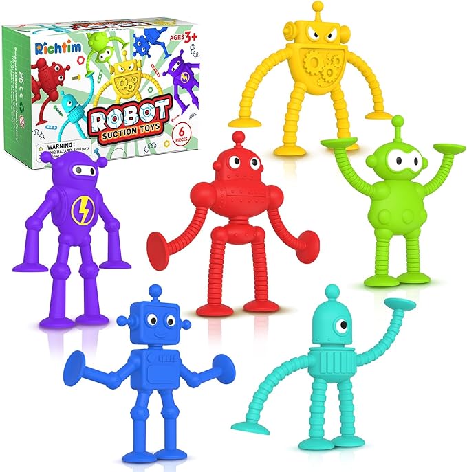 Baby Bath Toys Suction Toy: No Hole Bath Toy for Toddlers - Robot Fidget Suction Cup Toys - Window Building Sensory Toy for Boys Girls Travel Gifts - Travel Essential Road Trip Activities for Kids