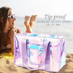 Fammart Iridescent Clear Beach Bag for Women, Jelly Tote Bag Waterproof Sandproof Pool Bag Cruise Vacation Essentials
