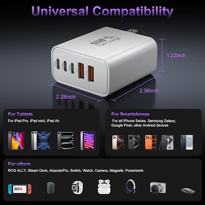 USB C Fast Wall Charger Block, 2Pack 60W USBC Charging Cubes, 5-Port PD+QC Power Adapter Multiport Brick Type C Box Plug for Phone 16/15/14/13/12/11/Pro Max/Plus, Pad Mini/Pro/S25/S24-White+Black