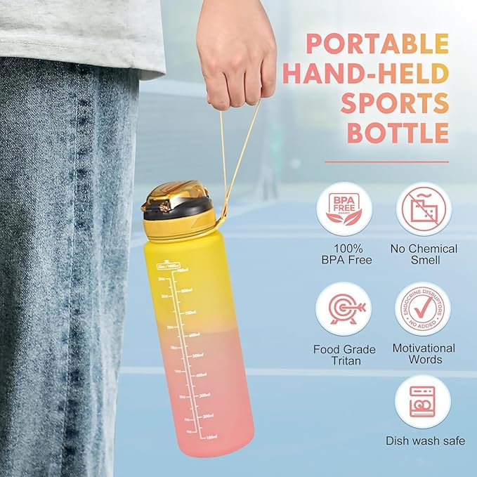 Water Bottle with Straw 1L,Boys Water Bottles with Straw 1 Litre,Waterbottle Leak-Proof Sports Water Bottle,Plastic Drinks Bottles Toxin Free，Bpa-Free (Yellow Pink)