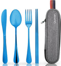 Travel Utensils with Case, Quatish Portable Silverware Set for Work, Stainless Steel Reusable Travel Cutlery, Fork and Spoon Set for Camping, Picnic, Gadgets, Lunch Box for Men, Christmas Gift, Blue