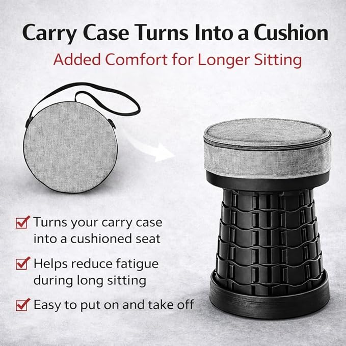 Telescoping Folding Camping Stool, Portable Adjustable Height Outdoor Chair, 1-Second Setup, Compact Lightweight for Camping, Fishing, Hiking (Black)