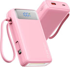Portable Charger, 27000mAh 22.5W Fast Charging Power Bank with Built-in Cable, USB C Battery Pack with LED Display & Flash Light, Travel Essential External Battery Charger Bank for iPhone Samsung Pink
